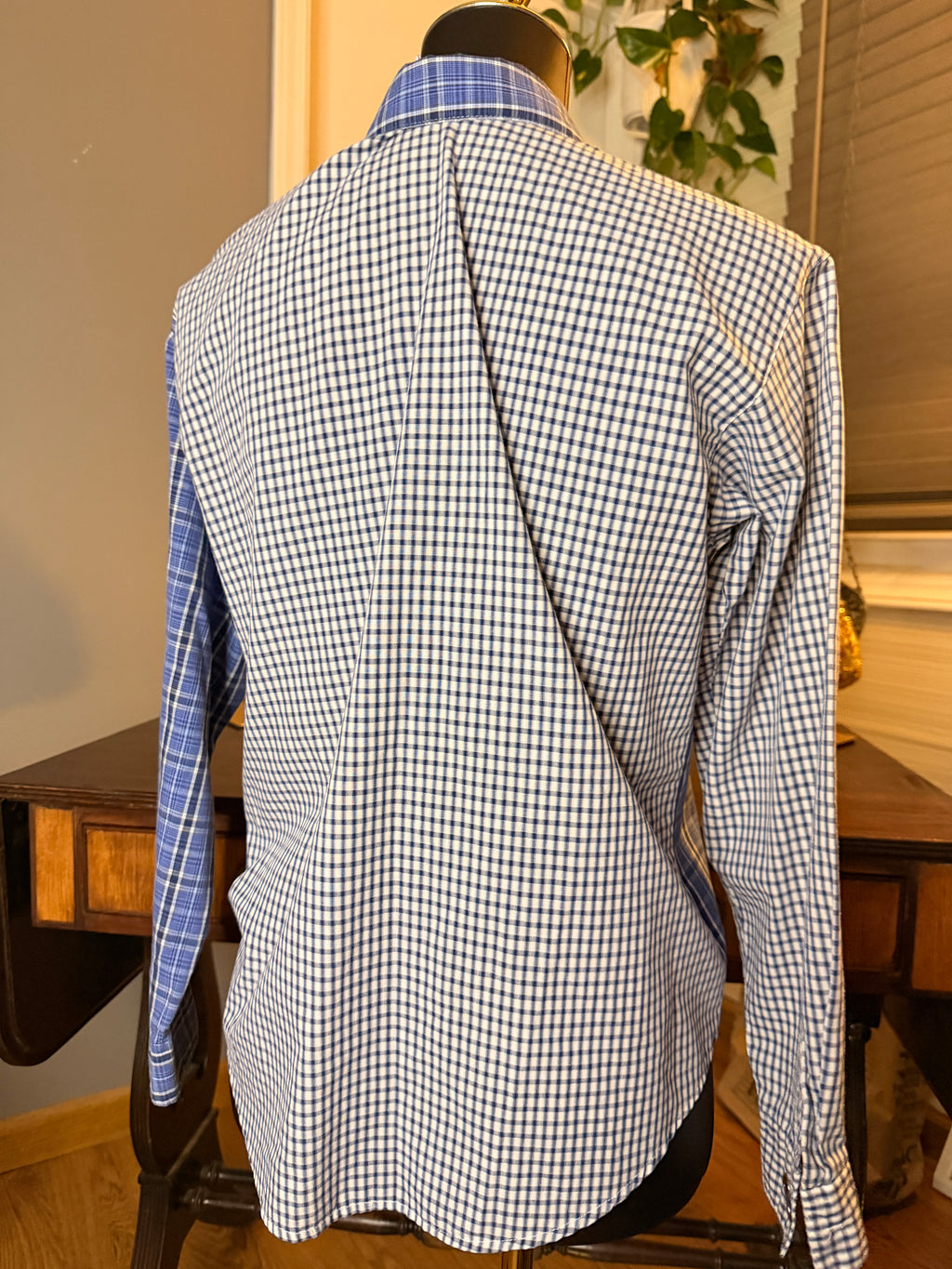 Vintage 1990s Cabin Creek Plaid Shirt Small Embroidered Collar Blue Patchwork Blouse