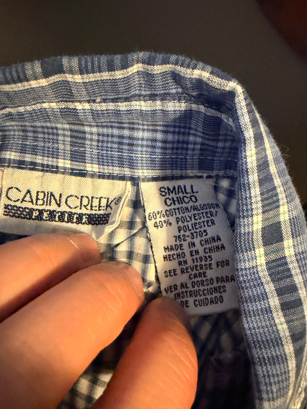 Vintage 1990s Cabin Creek Plaid Shirt Small Embroidered Collar Blue Patchwork Blouse