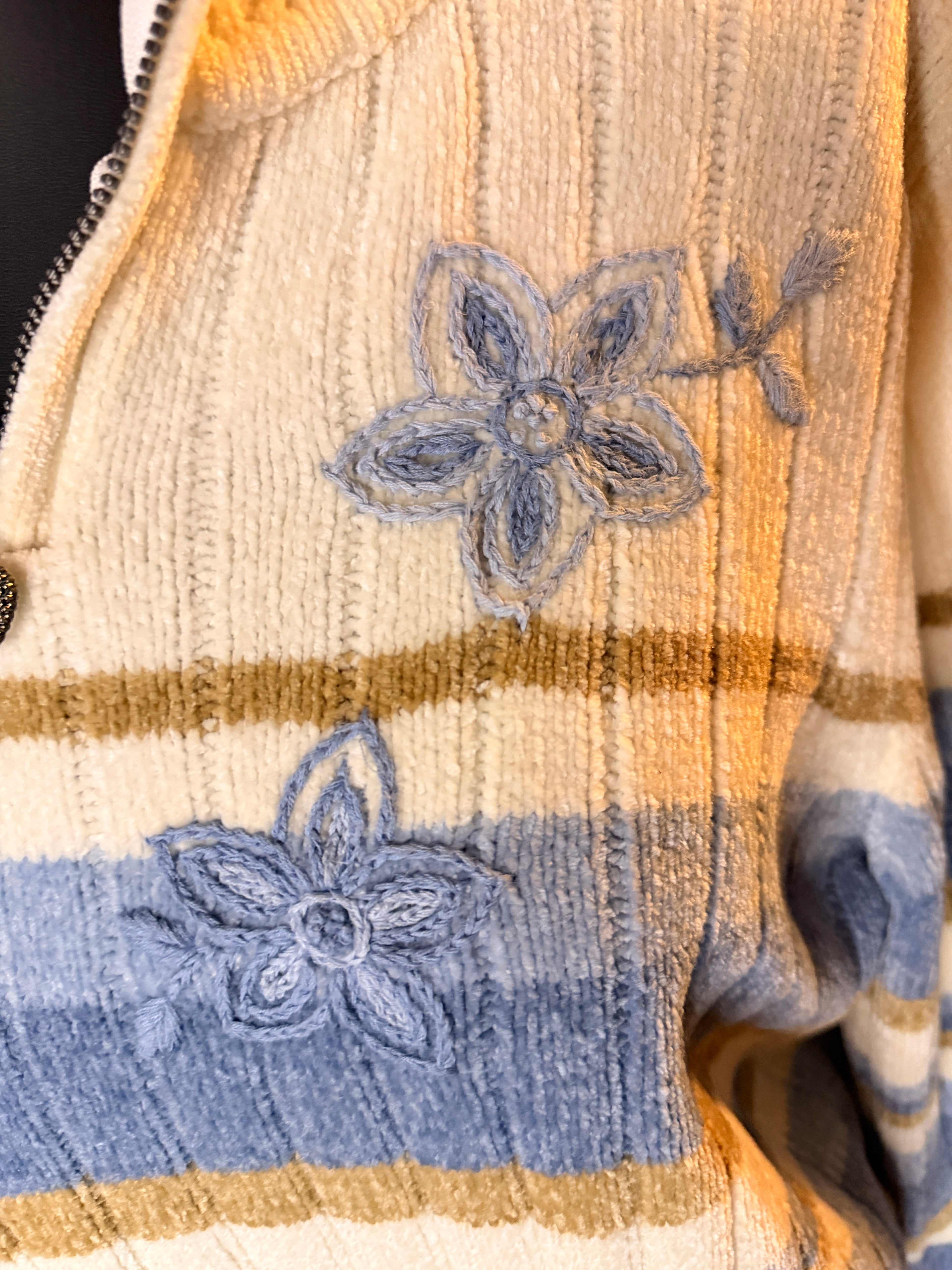 Vintage Alfred Dunner Chenille Quarter Zip Sweater Medium Blue Cream Floral Heart Pull
