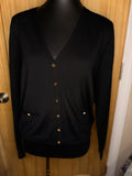 Tory Burch Black Merino Wool Cardigan Sweater Gold Logo Button V-Neck Women's Size S