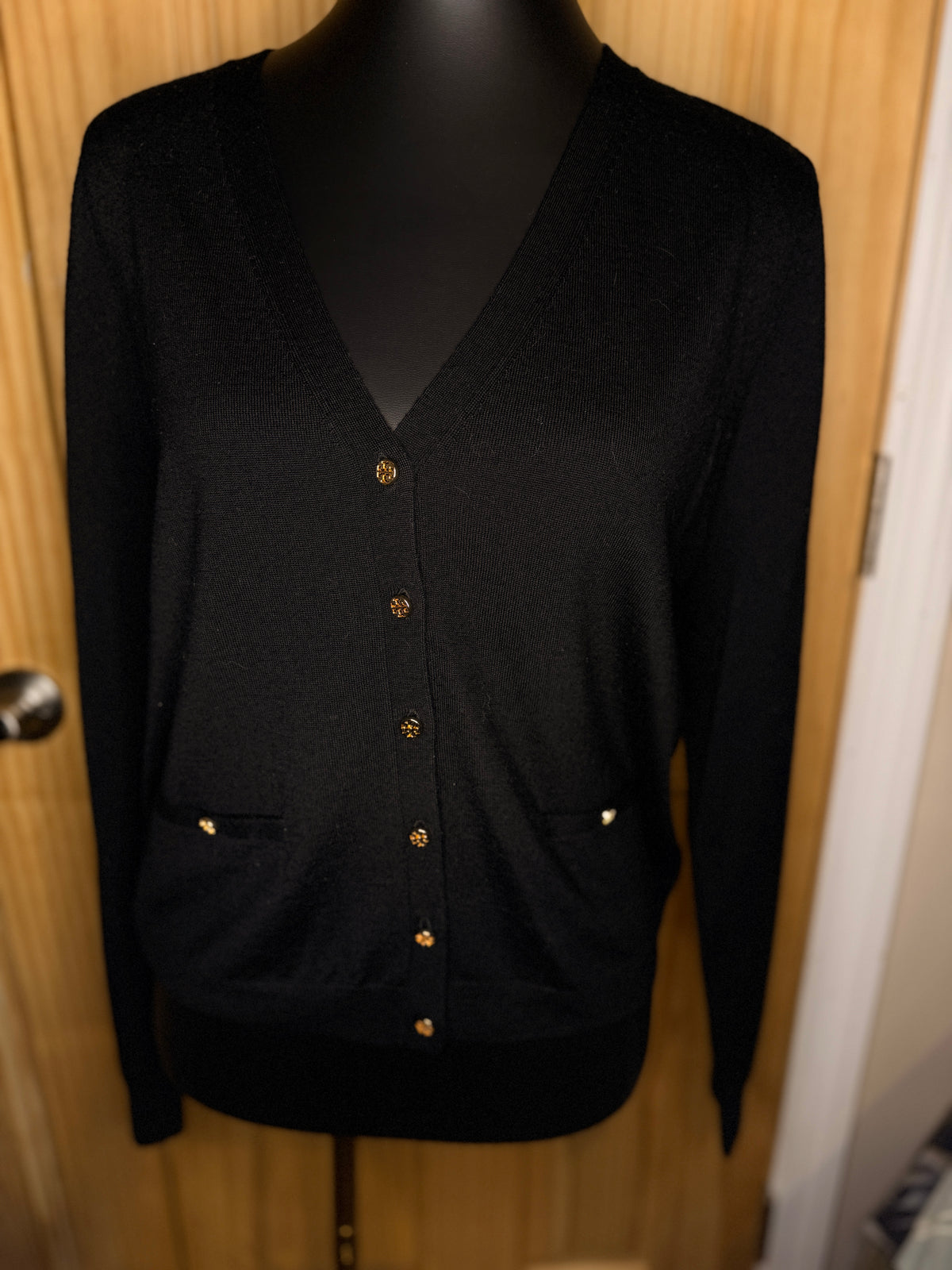 Tory Burch Black Merino Wool Cardigan Sweater Gold Logo Button V-Neck Women's Size S