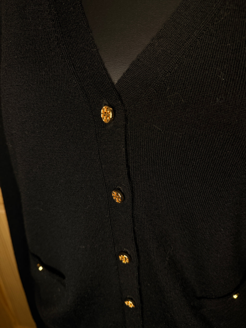 Tory Burch Black Merino Wool Cardigan Sweater Gold Logo Button V-Neck Women's Size S