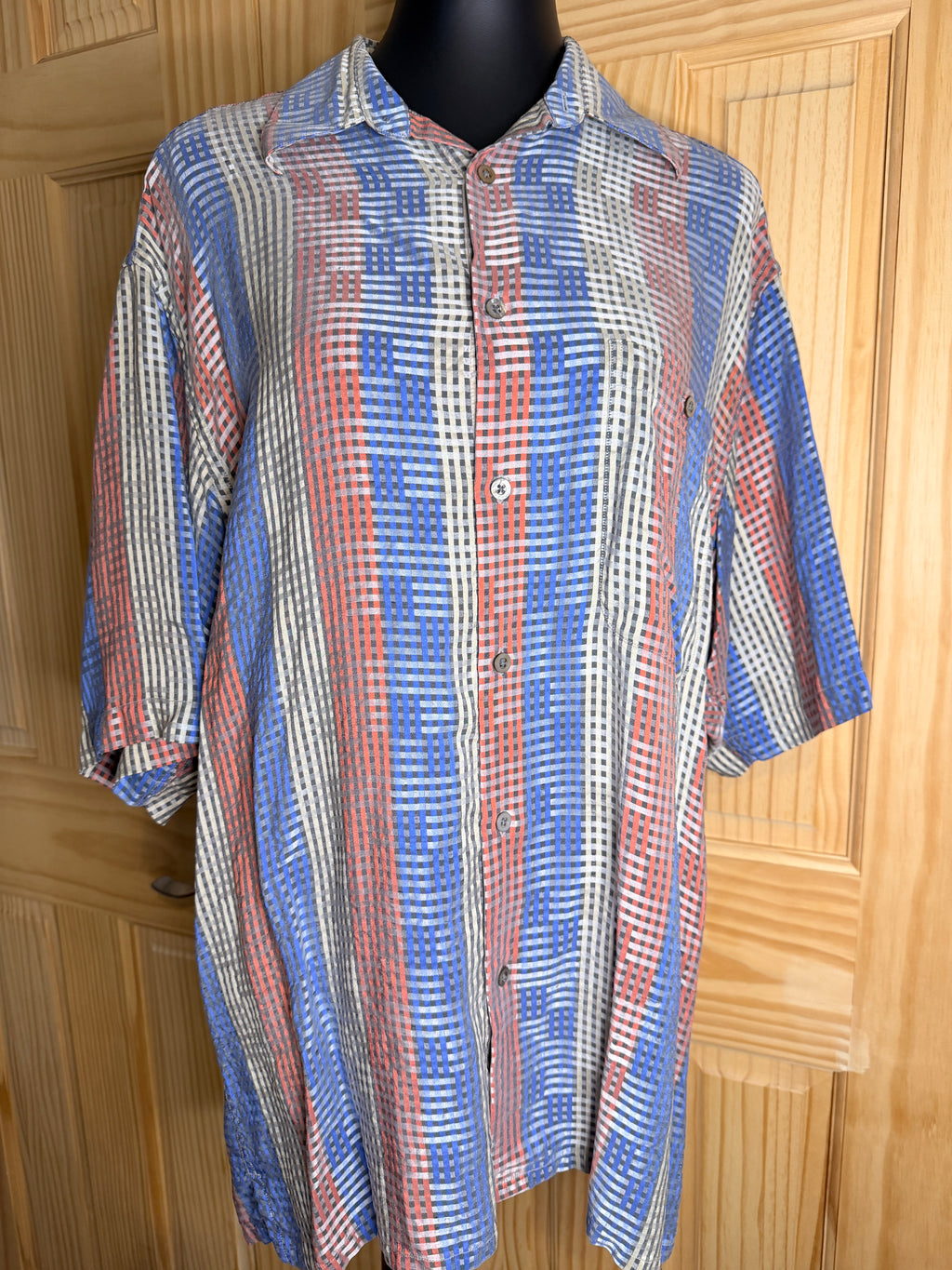 Riscatto 100% Silk Plaid Button Up Shirt Men's Large Blue Red Short Sleeve