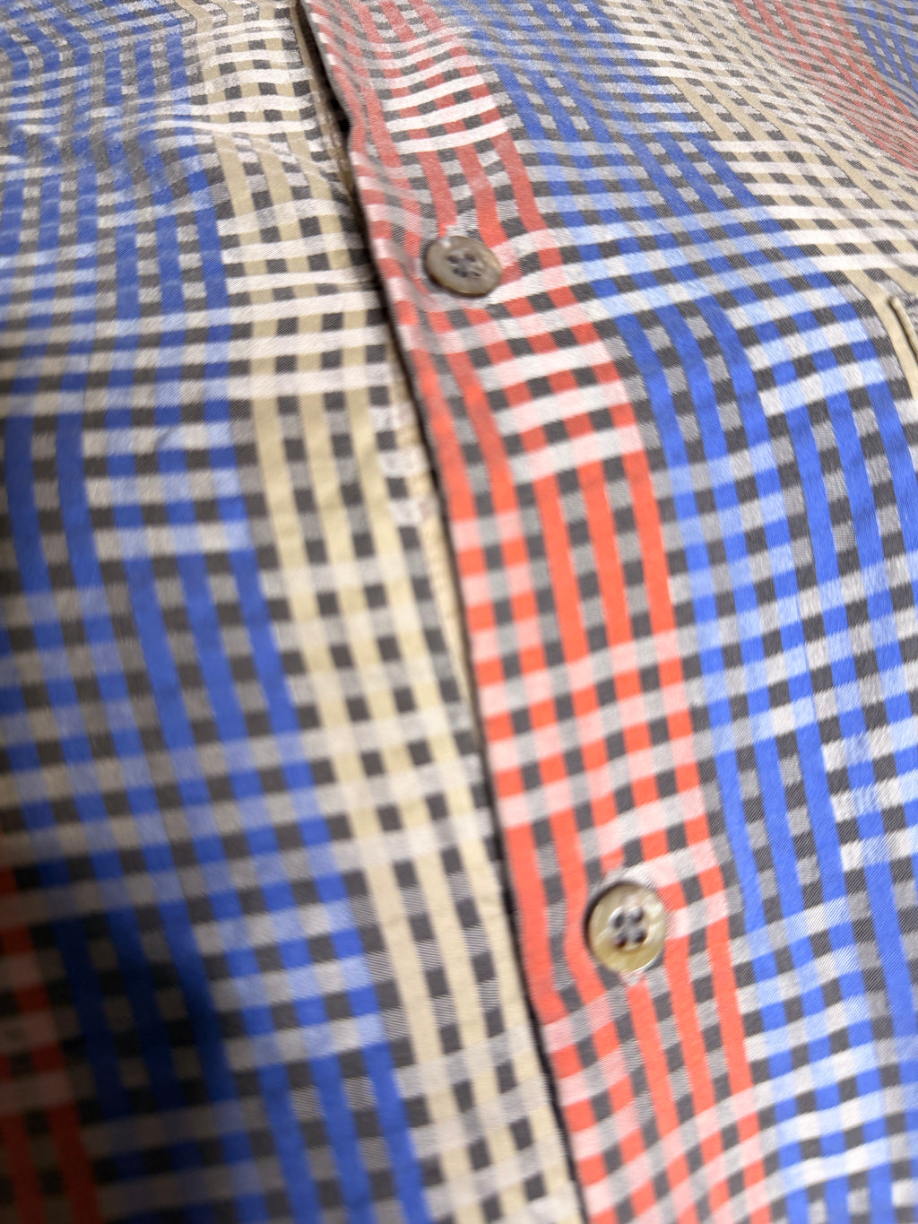 Riscatto 100% Silk Plaid Button Up Shirt Men's Large Blue Red Short Sleeve
