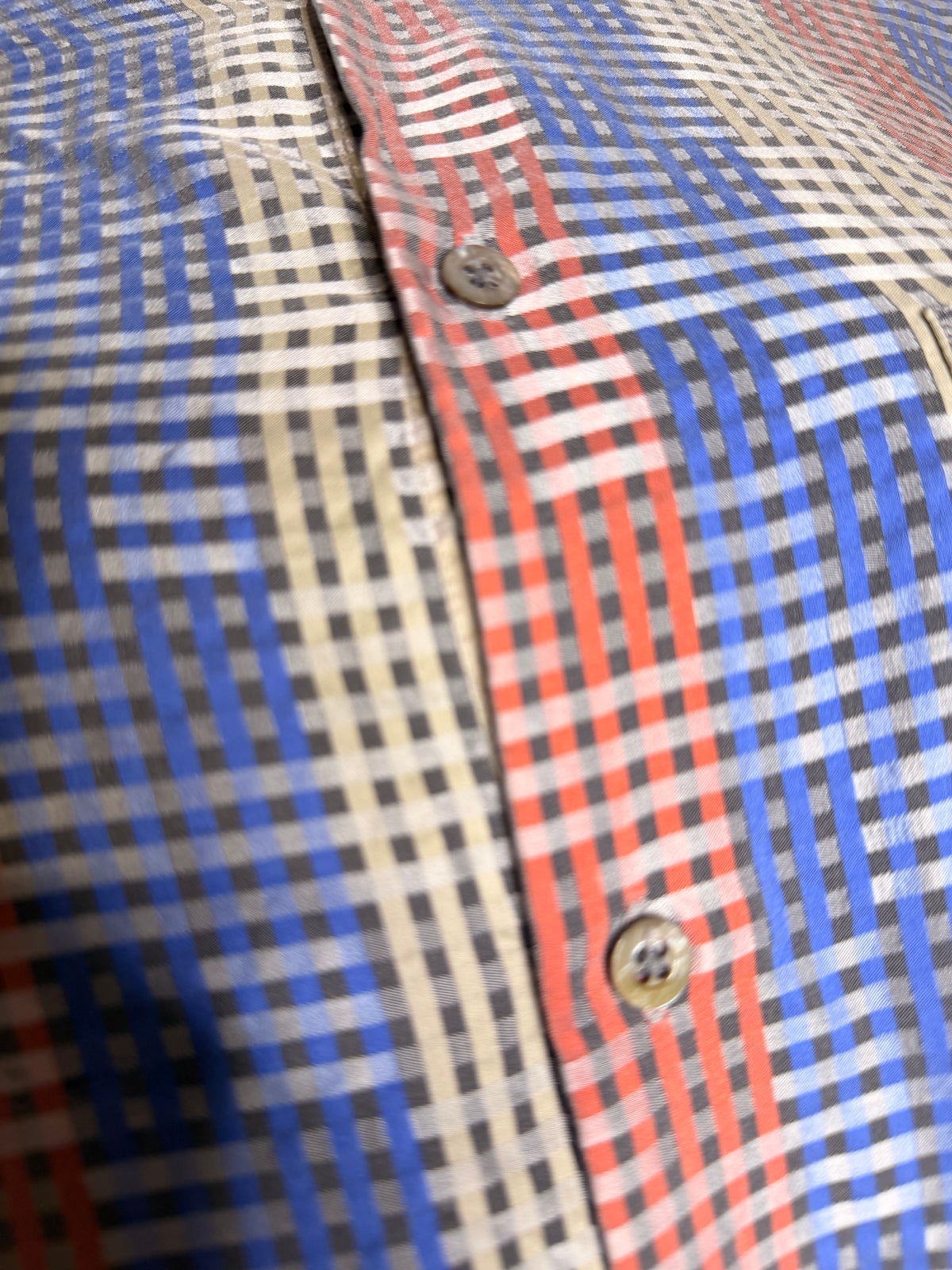 Riscatto 100% Silk Plaid Button Up Shirt Men's Large Blue Red Short Sleeve