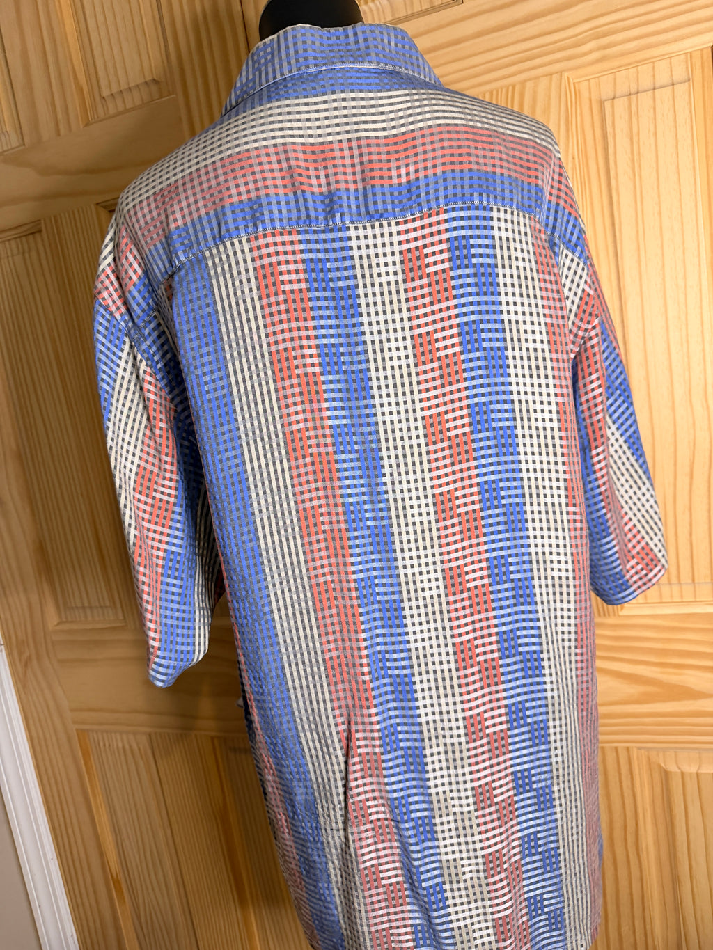 Riscatto 100% Silk Plaid Button Up Shirt Men's Large Blue Red Short Sleeve