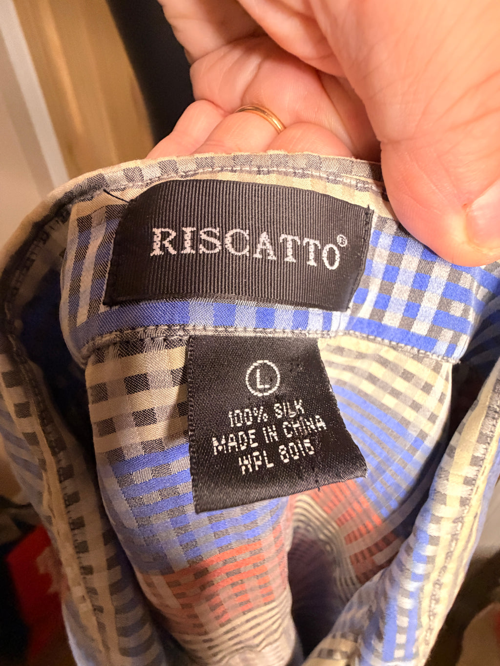 Riscatto 100% Silk Plaid Button Up Shirt Men's Large Blue Red Short Sleeve