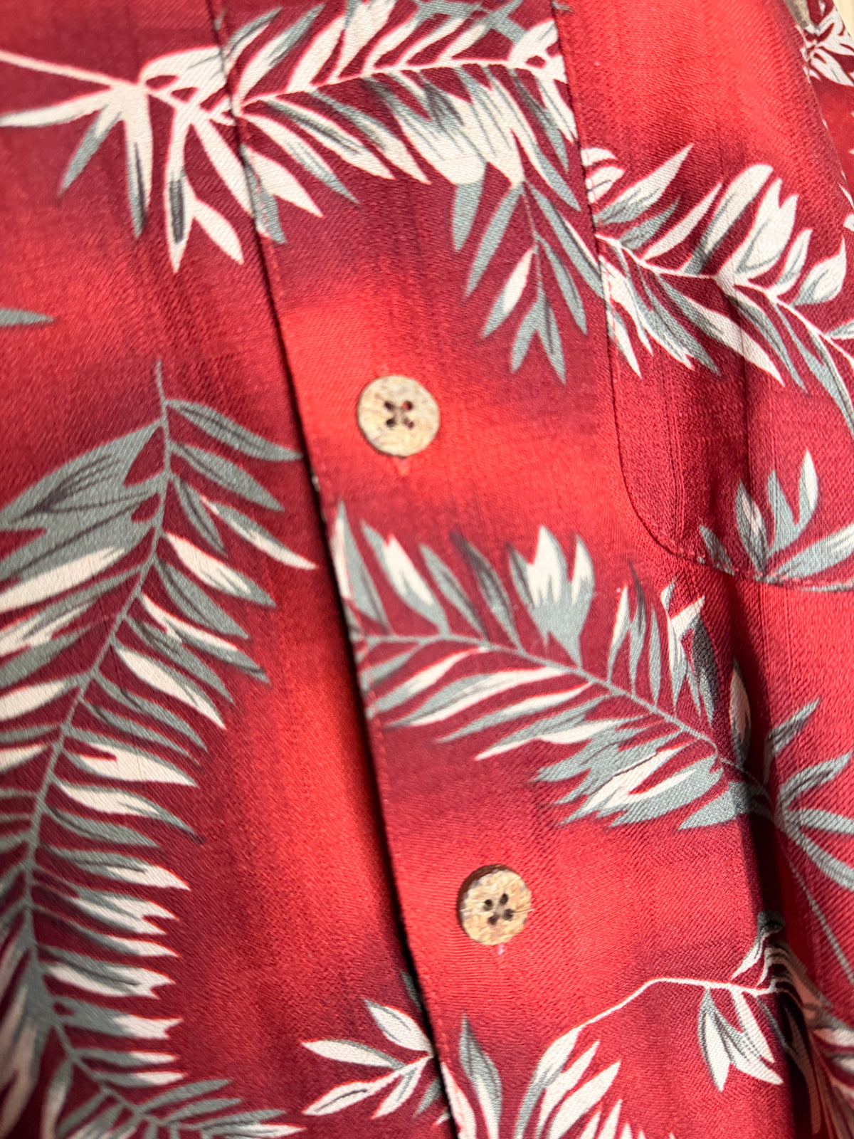 Banana Cabana Men's Red Hawaiian Camp Shirt 100% Silk Palm Print Medium