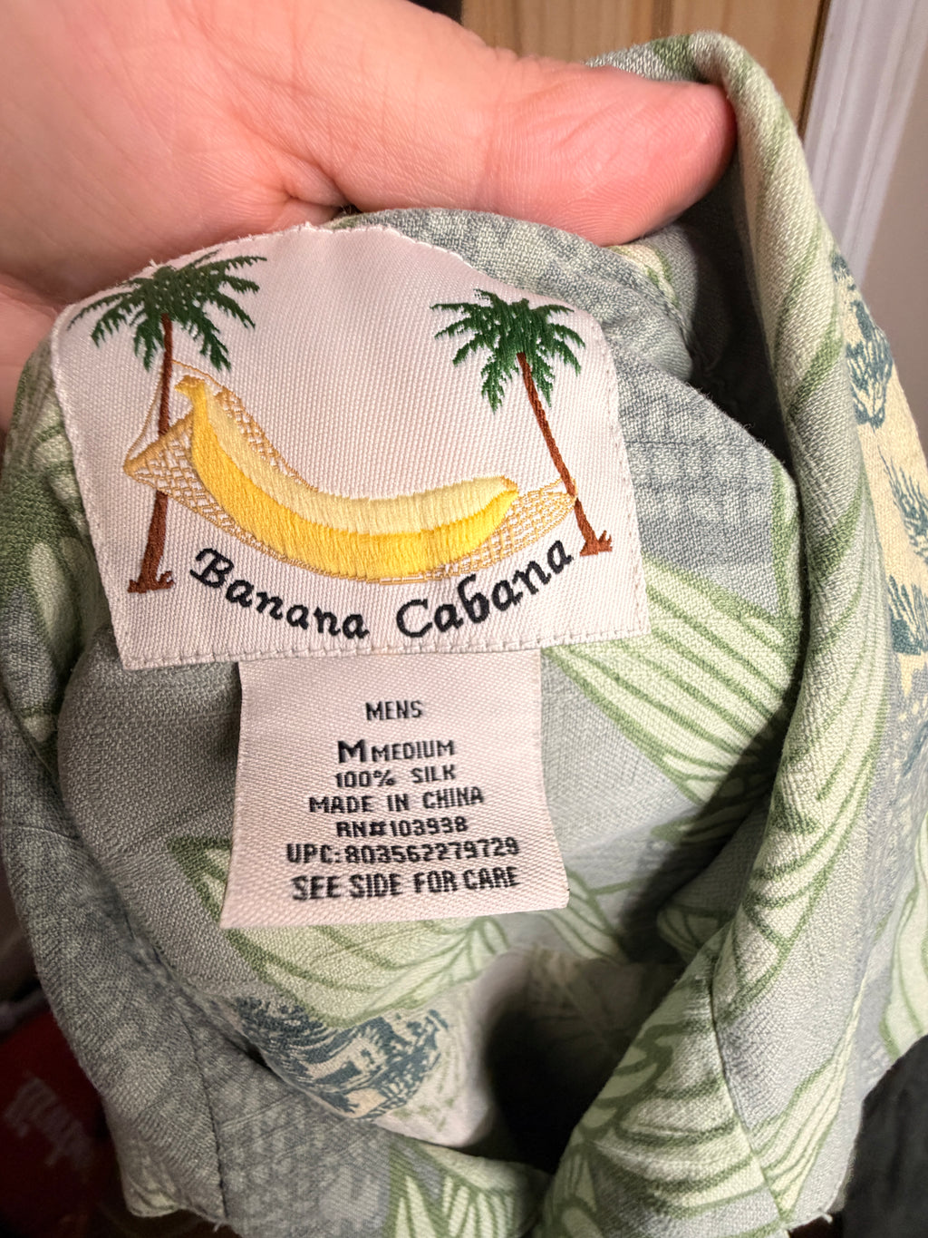 Banana Cabana Men's Blue Green Tropical Hawaiian Shirt 100% Silk Medium
