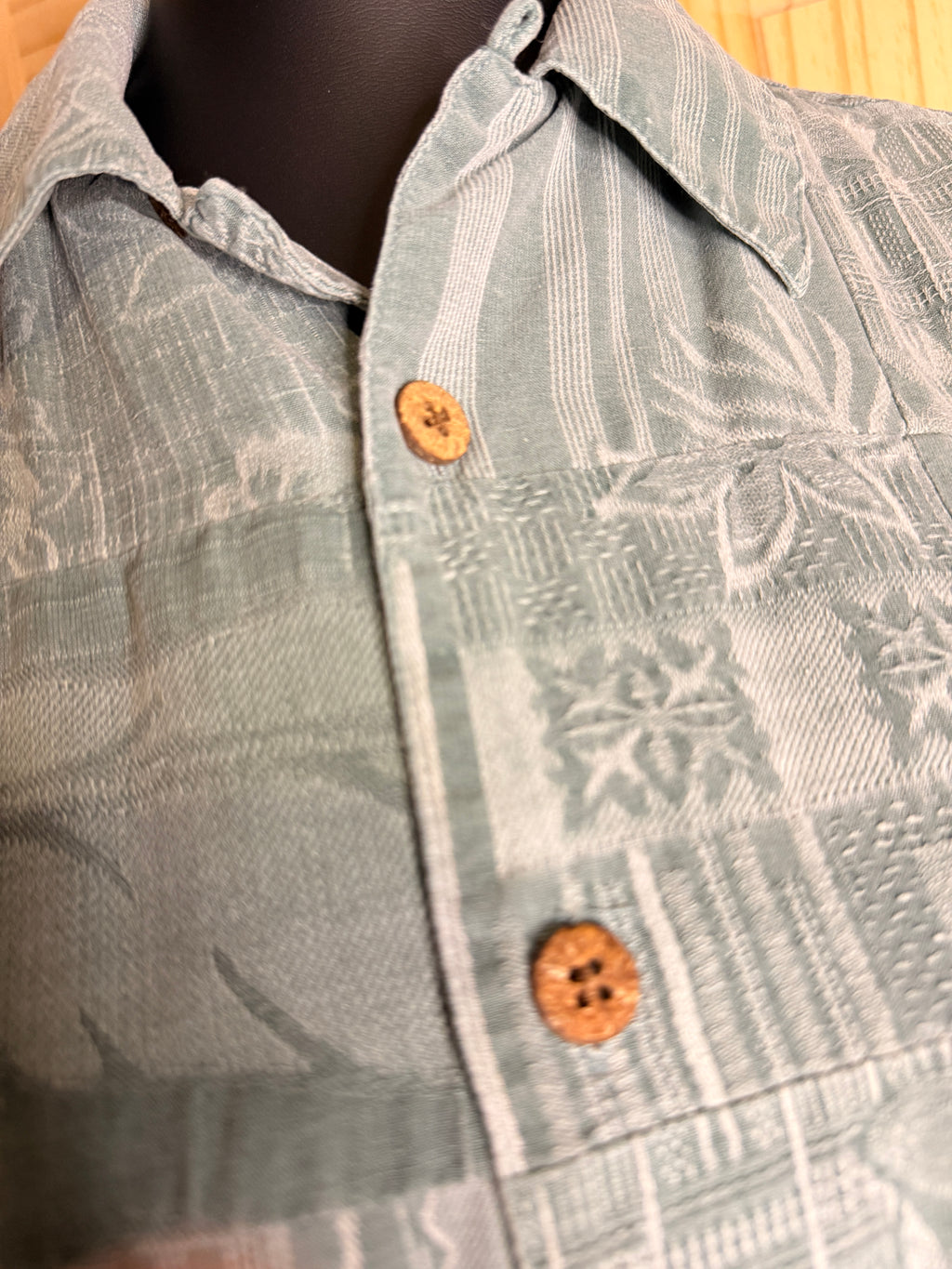 Banana Cabana Men's Aqua Patchwork Hawaiian Shirt 100% Silk Medium