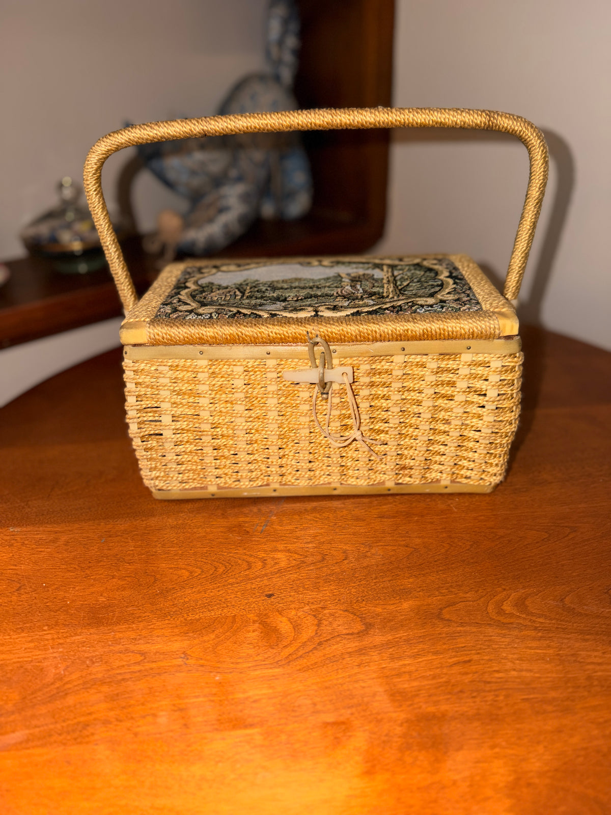 Vintage Wicker Sewing Basket with Tapestry Lid