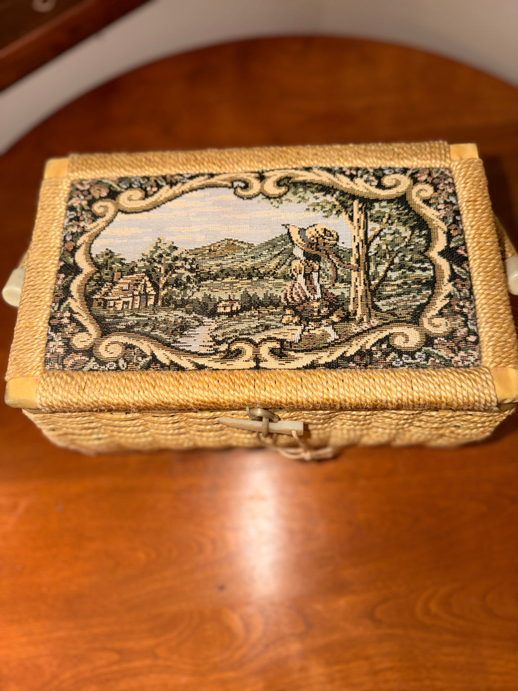 Vintage Wicker Sewing Basket with Tapestry Lid