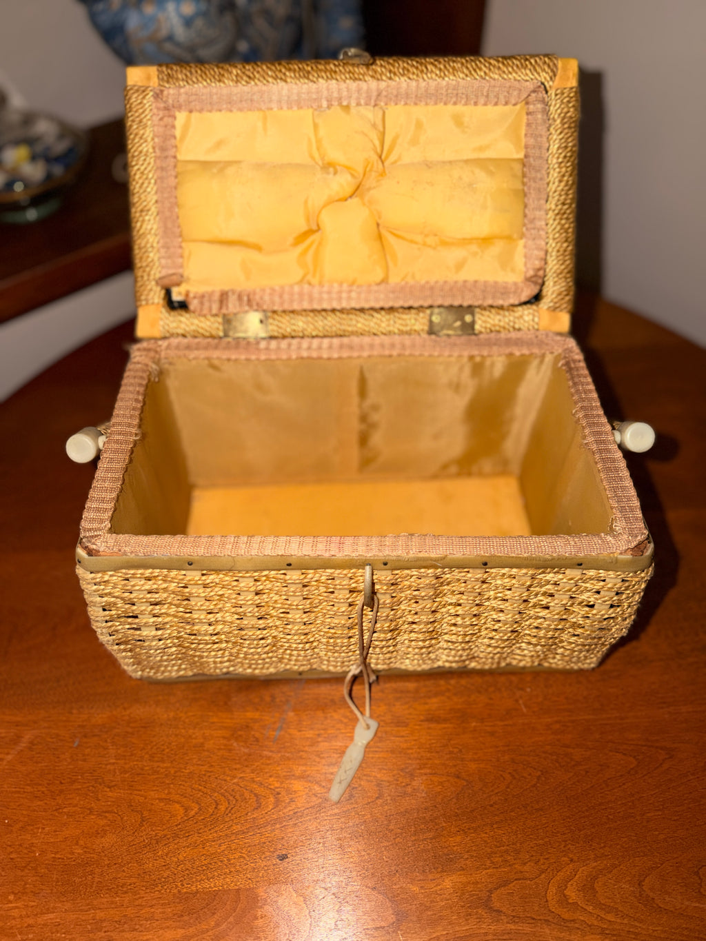 Vintage Wicker Sewing Basket with Tapestry Lid