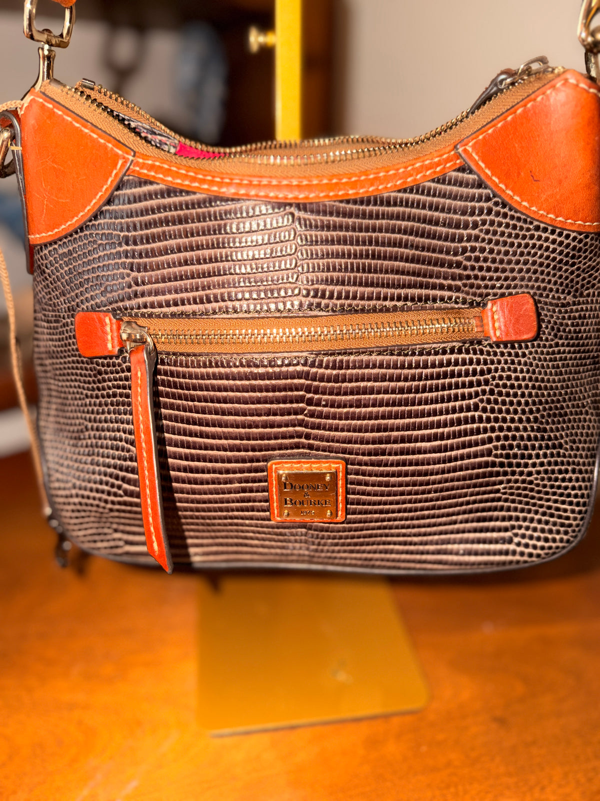Dooney and Bourke Brown Lizard Embossed Leather Shoulder Bag