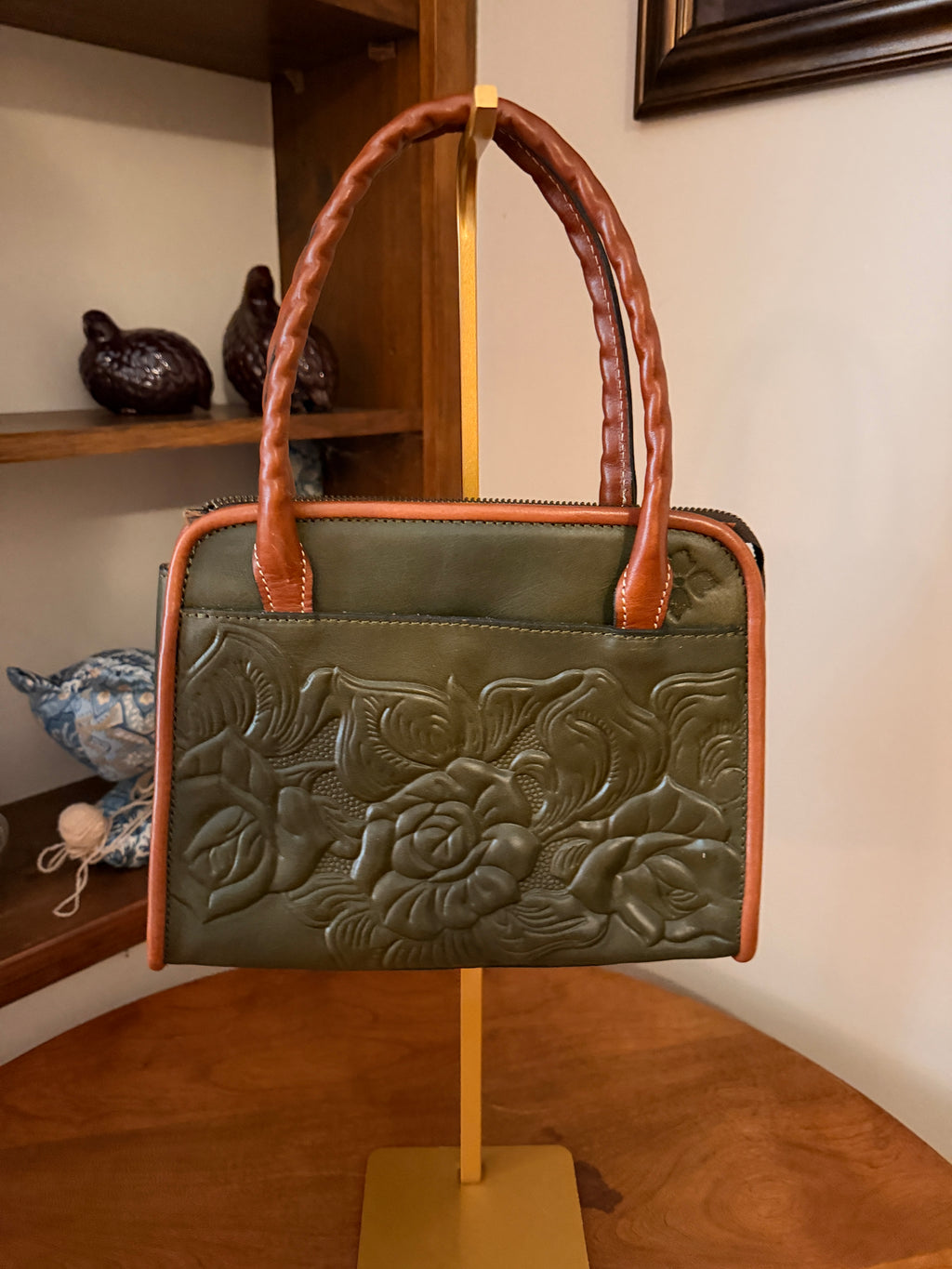 Patricia Nash Tooled Floral Italian Leather Satchel Olive Green Cognac