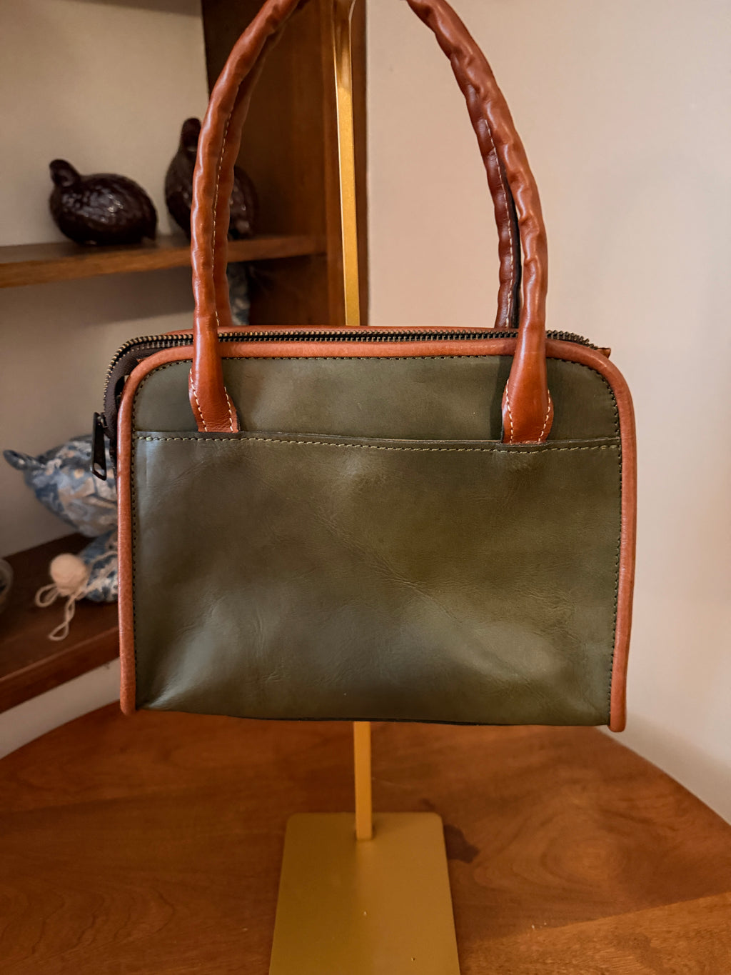 Patricia Nash Tooled Floral Italian Leather Satchel Olive Green Cognac