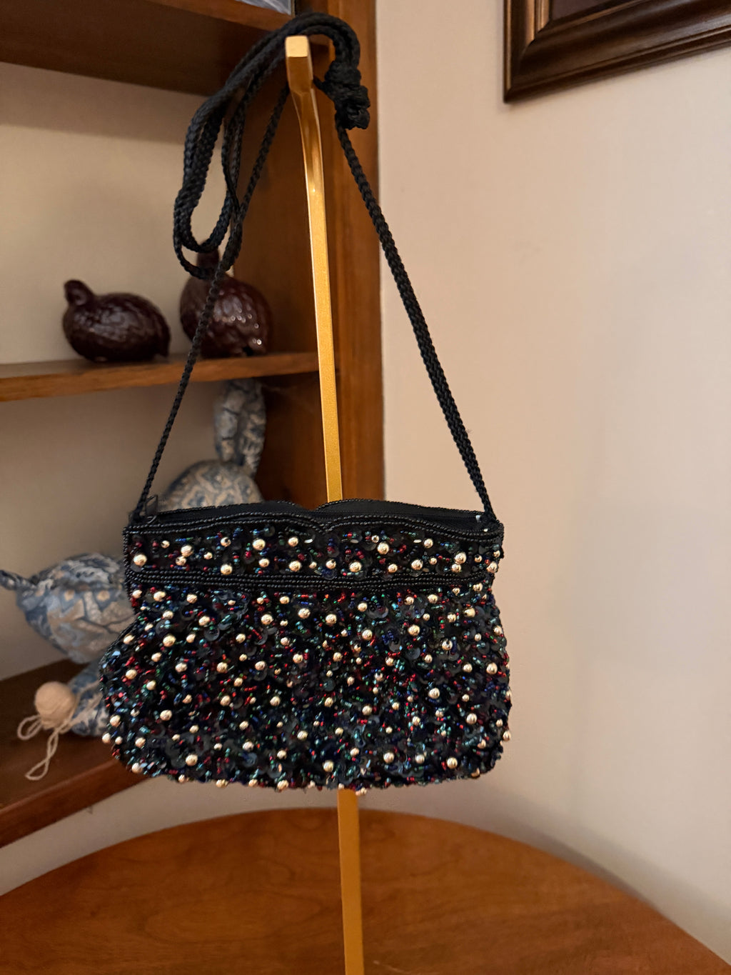 Vintage Black Hand Beaded Sequin Evening Bag Purse