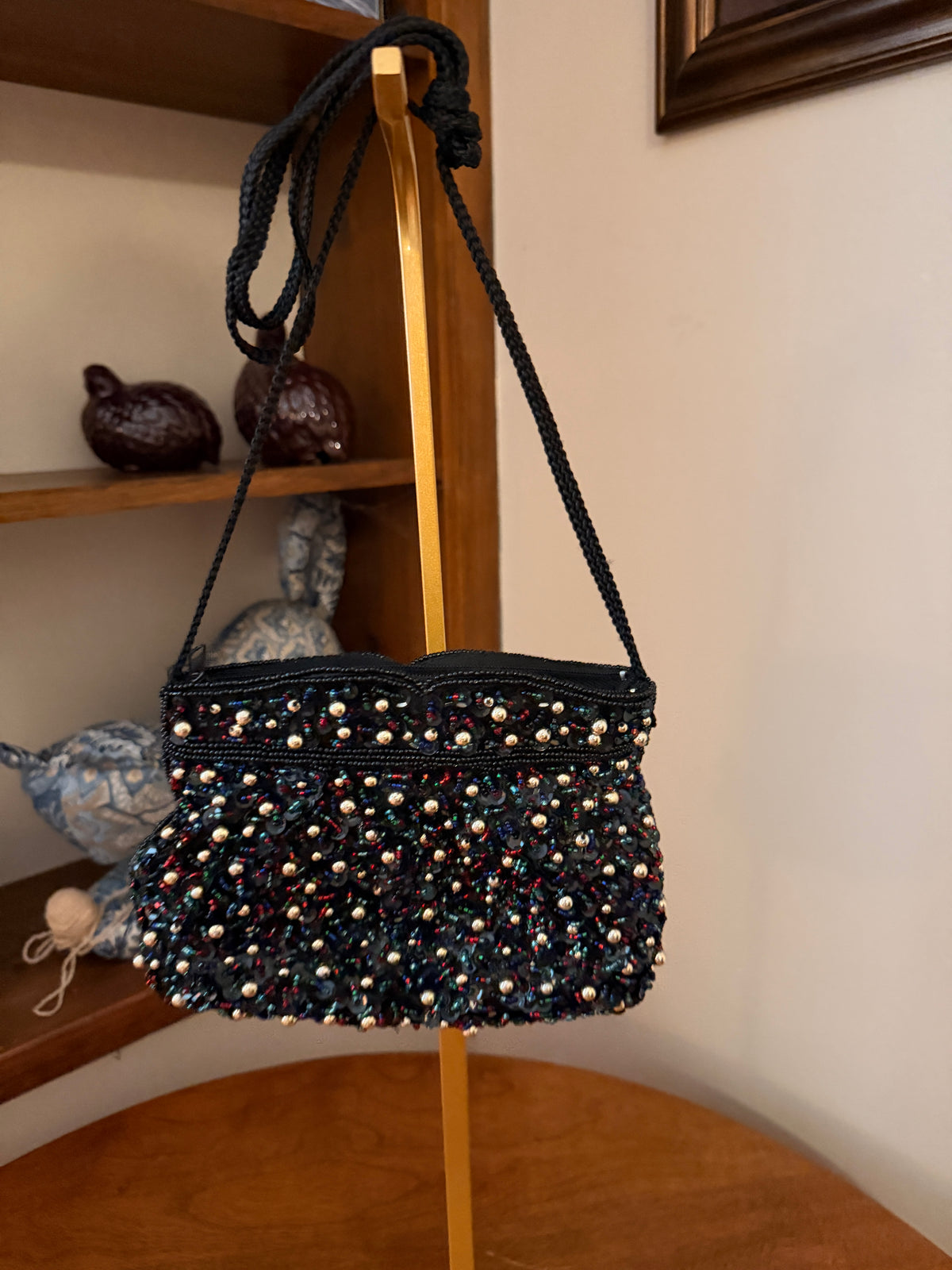 Vintage Black Hand Beaded Sequin Evening Bag Purse