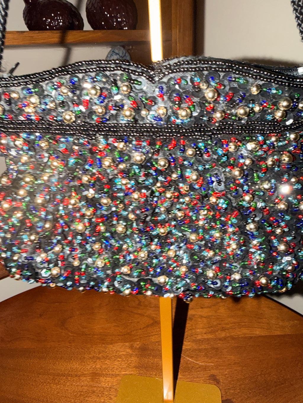 Vintage Black Hand Beaded Sequin Evening Bag Purse