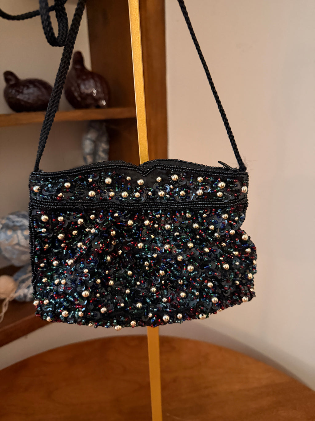 Vintage Black Hand Beaded Sequin Evening Bag Purse