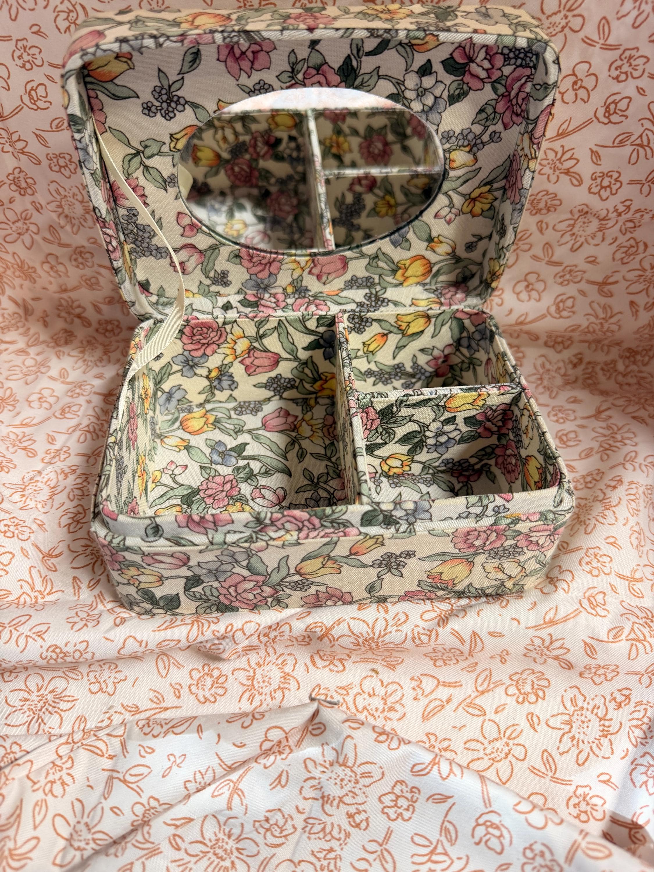 Floral Fabric Jewelry Box Vanity Organizer Trinket Box With Mirror