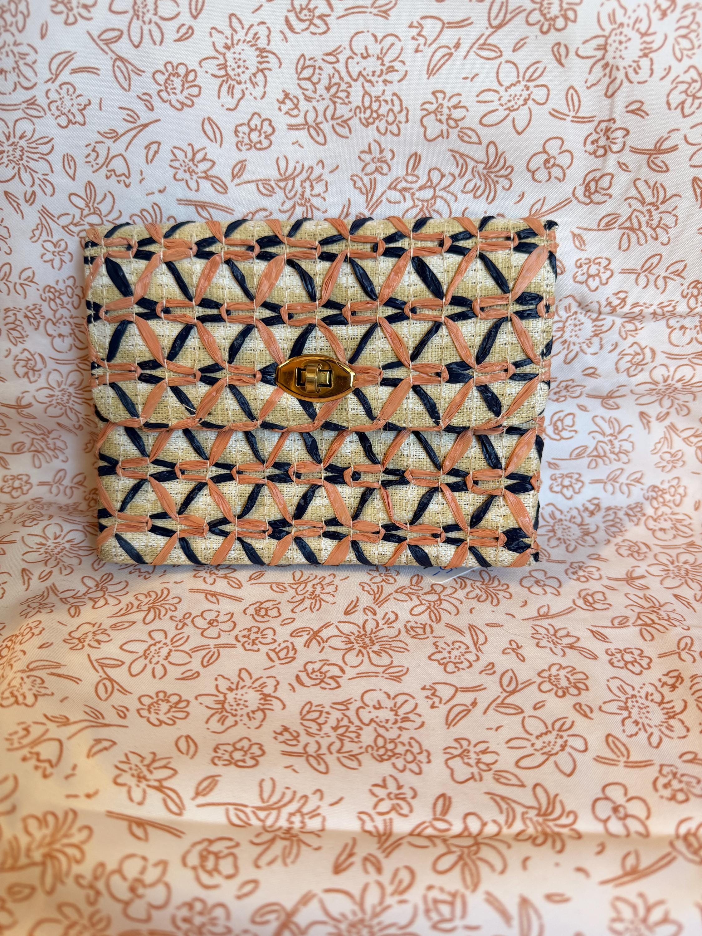 Vintage Raffia Wallet Clutch with Mirror and Comb Travel Accessory Set