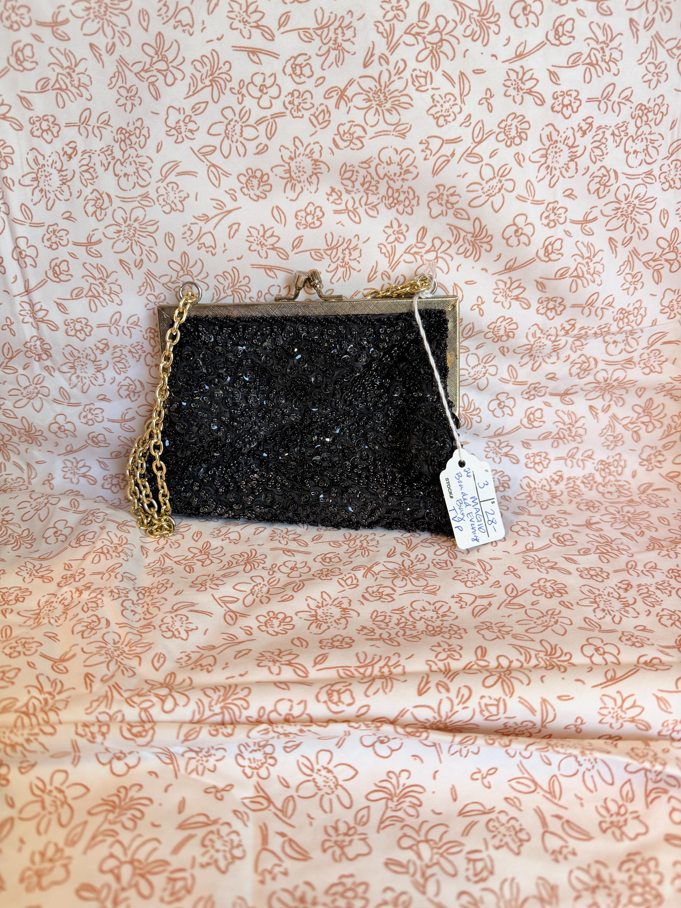 Vintage Magid Black Beaded Evening Clutch Purse | Formal Cocktail Bag | Gold Chain Handbag