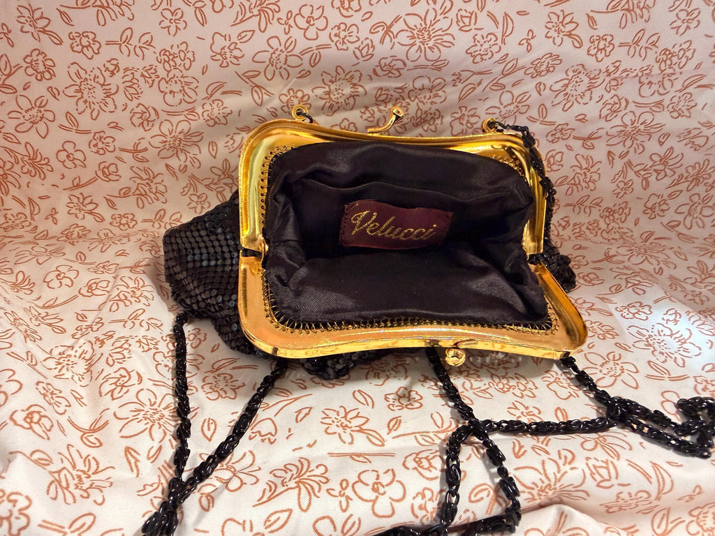 Vintage Vellucci Black Mesh Evening Bag Gold Tone Frame Purse Chain Strap Handbag