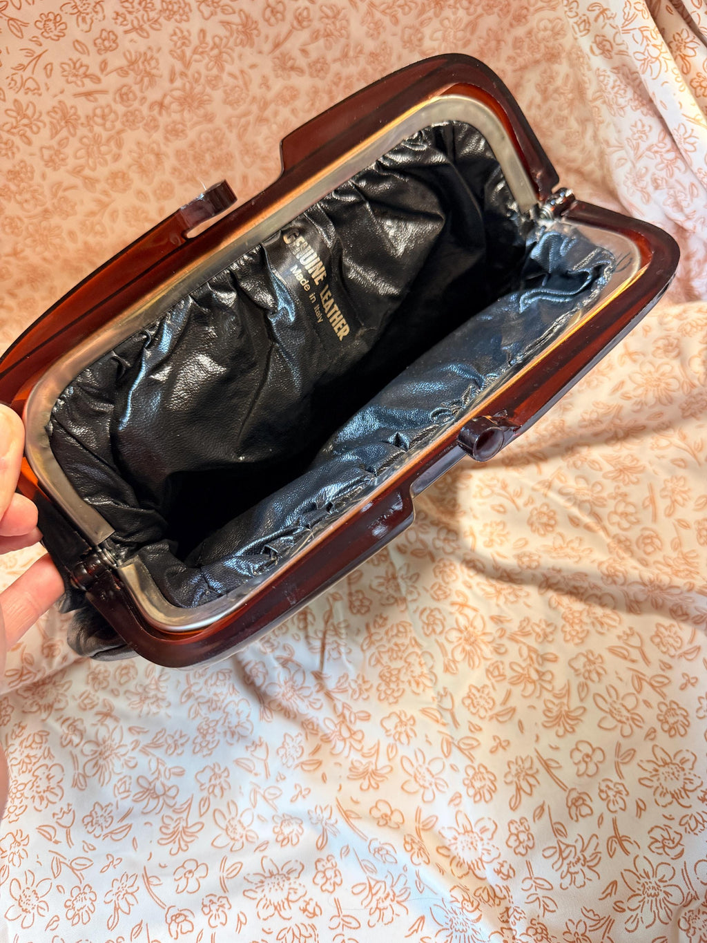 Vintage Italian Leather Clutch Purse Lucite Frame Black Genuine Leather Made in Italy
