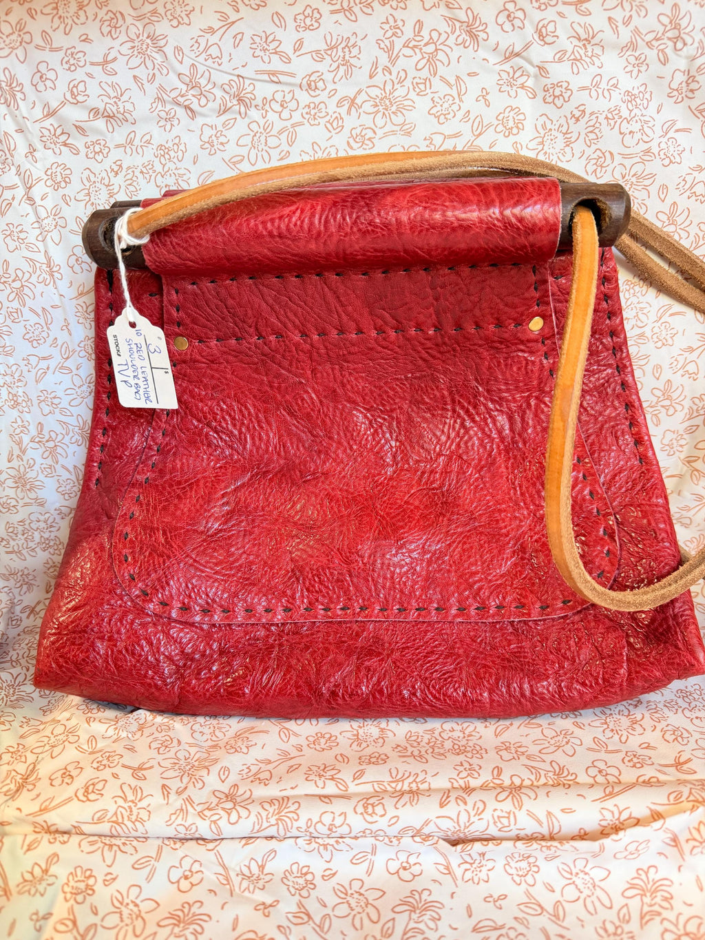 Handmade Red Leather Crossbody Bag with Wood Handles