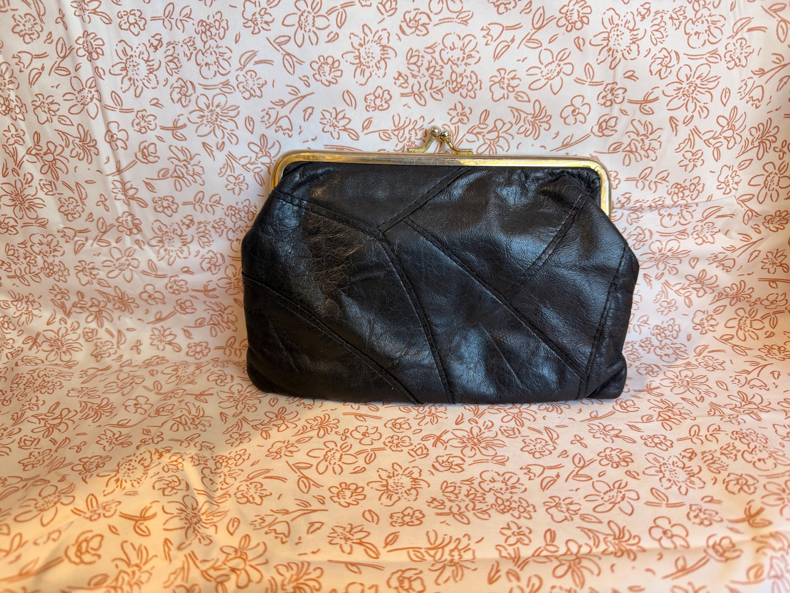 Vintage Black Leather Coin Purse Wallet Patchwork Kiss Lock Change Purse