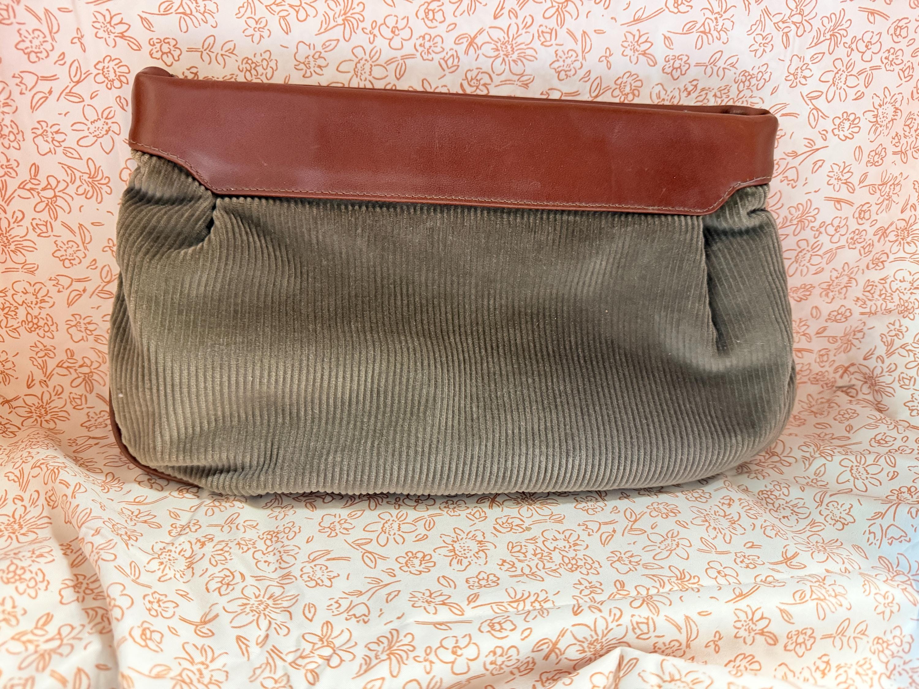 Jeanne Boucher Corduroy Clutch Purse Brown Trim Vintage Oversized Handbag 1990s