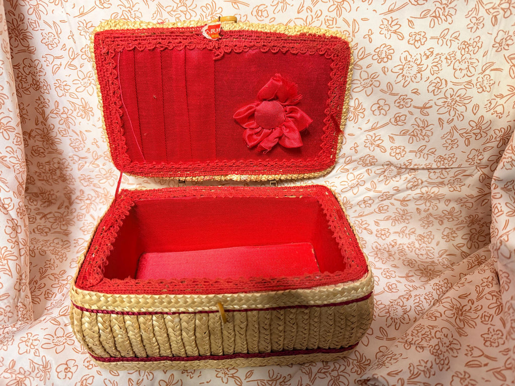 Vintage Chinese Straw Sewing Basket Woven Trinket Box Floral Embroidered Lid Red Lined Storage Basket