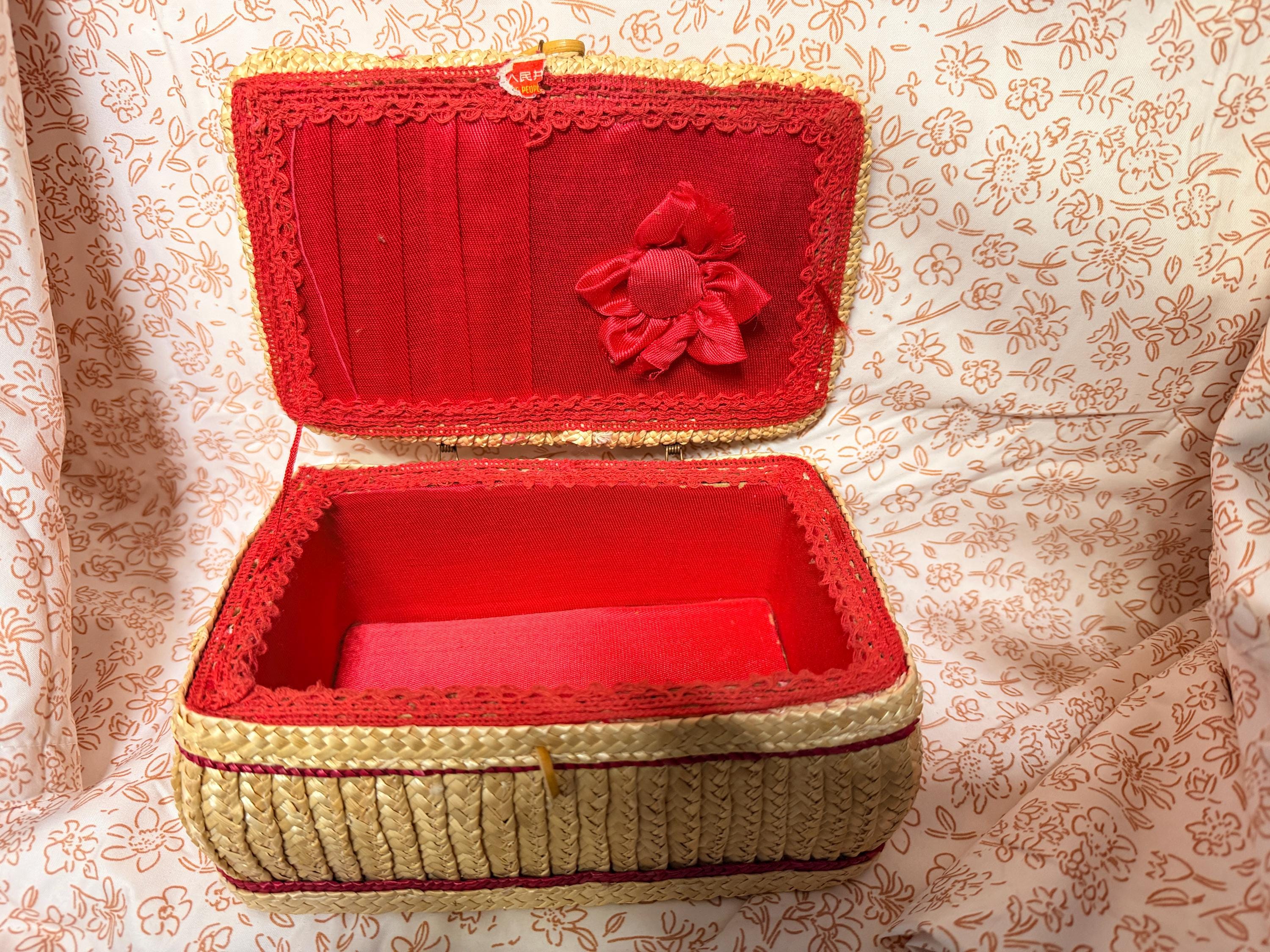 Vintage Chinese Straw Sewing Basket Woven Trinket Box Floral Embroidered Lid Red Lined Storage Basket
