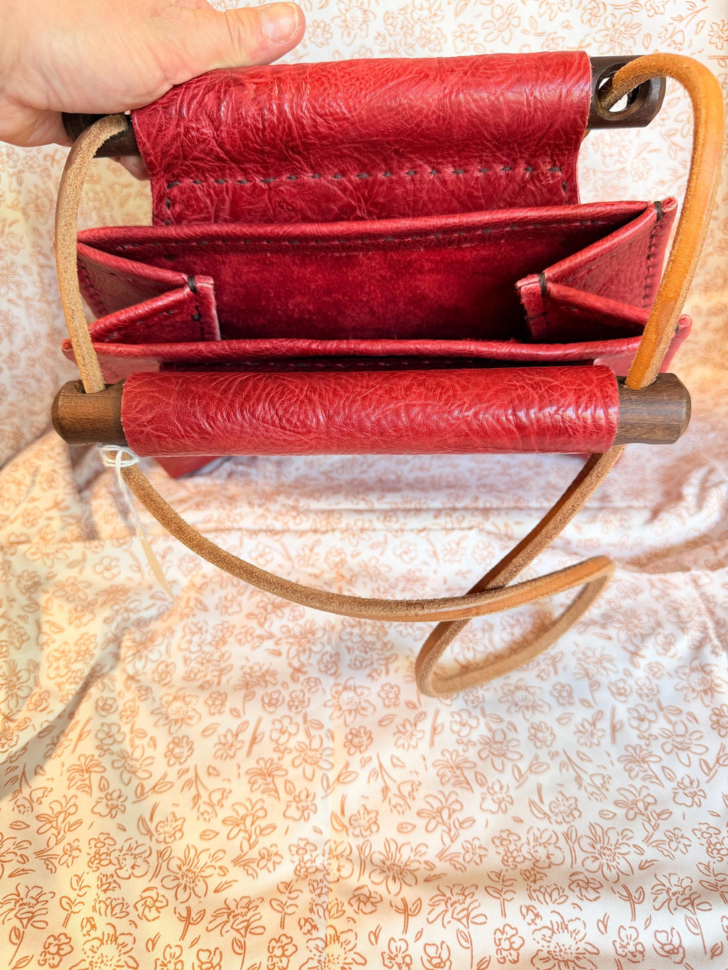 Handmade Red Leather Crossbody Bag with Wood Handles