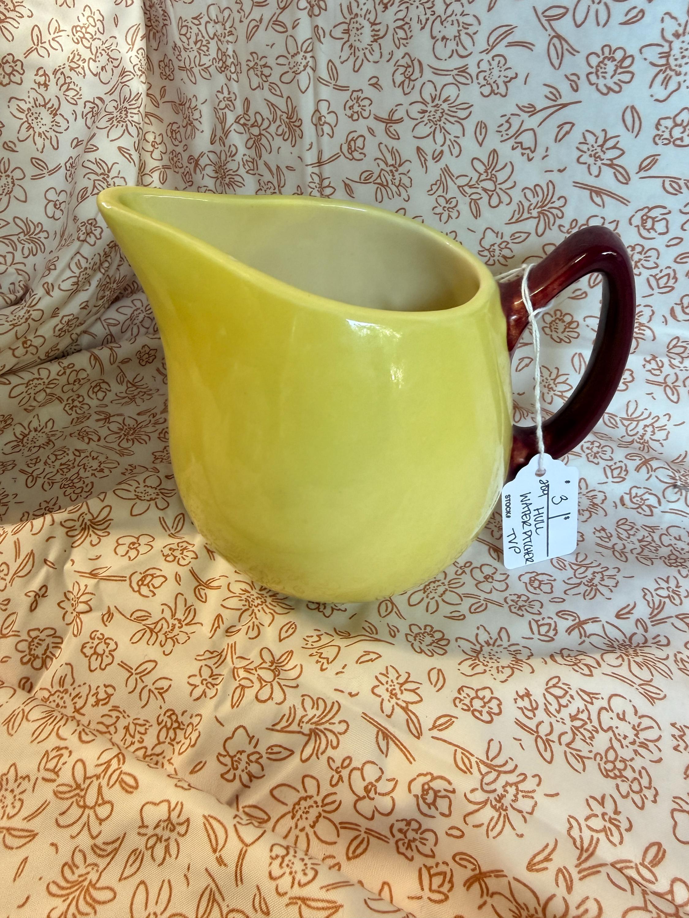 Vintage Hull Pottery Yellow Ware Pitcher with Burgundy Handle Art Pottery Ewer