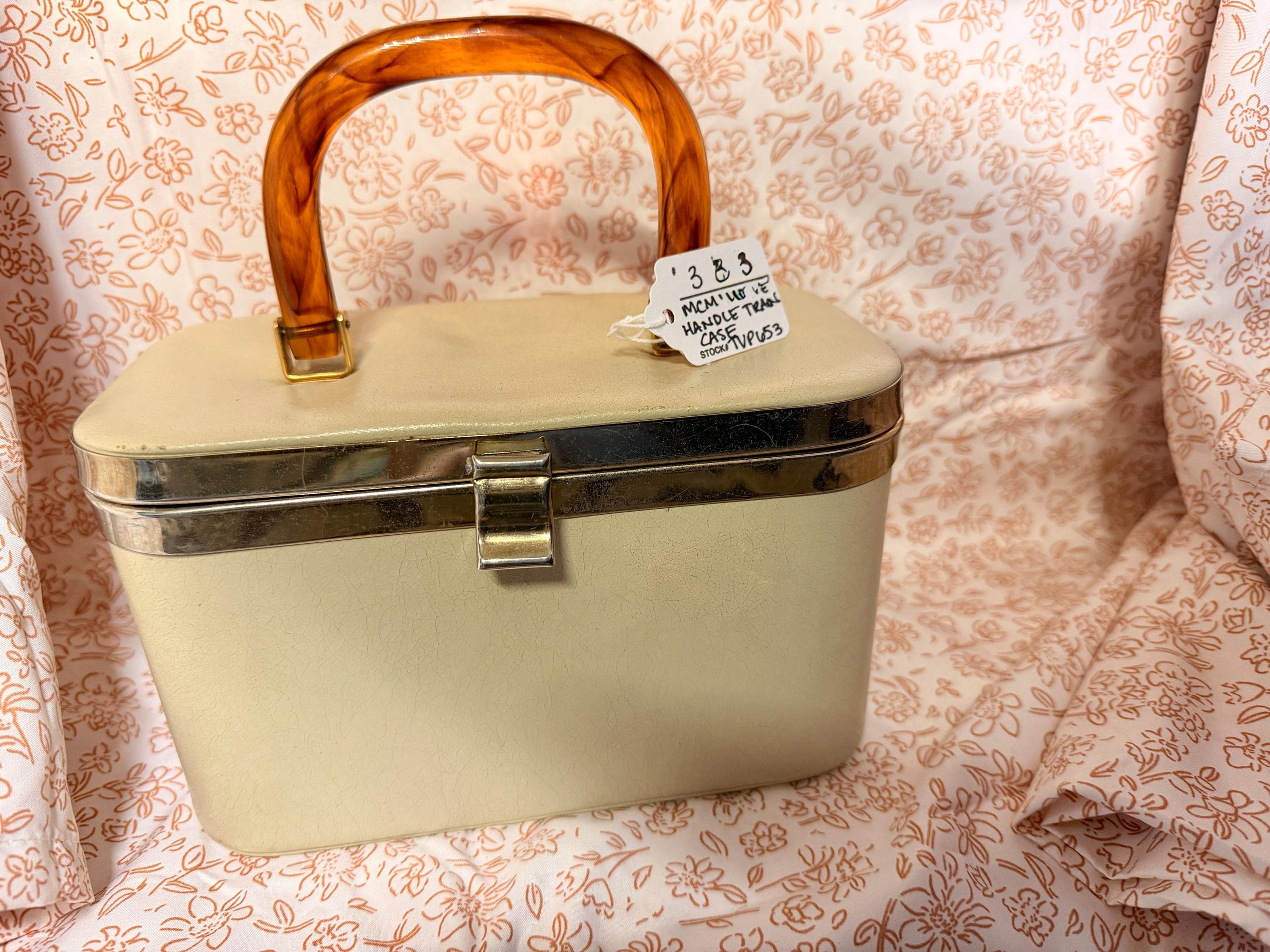 Vintage Mid Century Train Case Lucite Handle Vanity Case Cream Cosmetic Box Travel Case