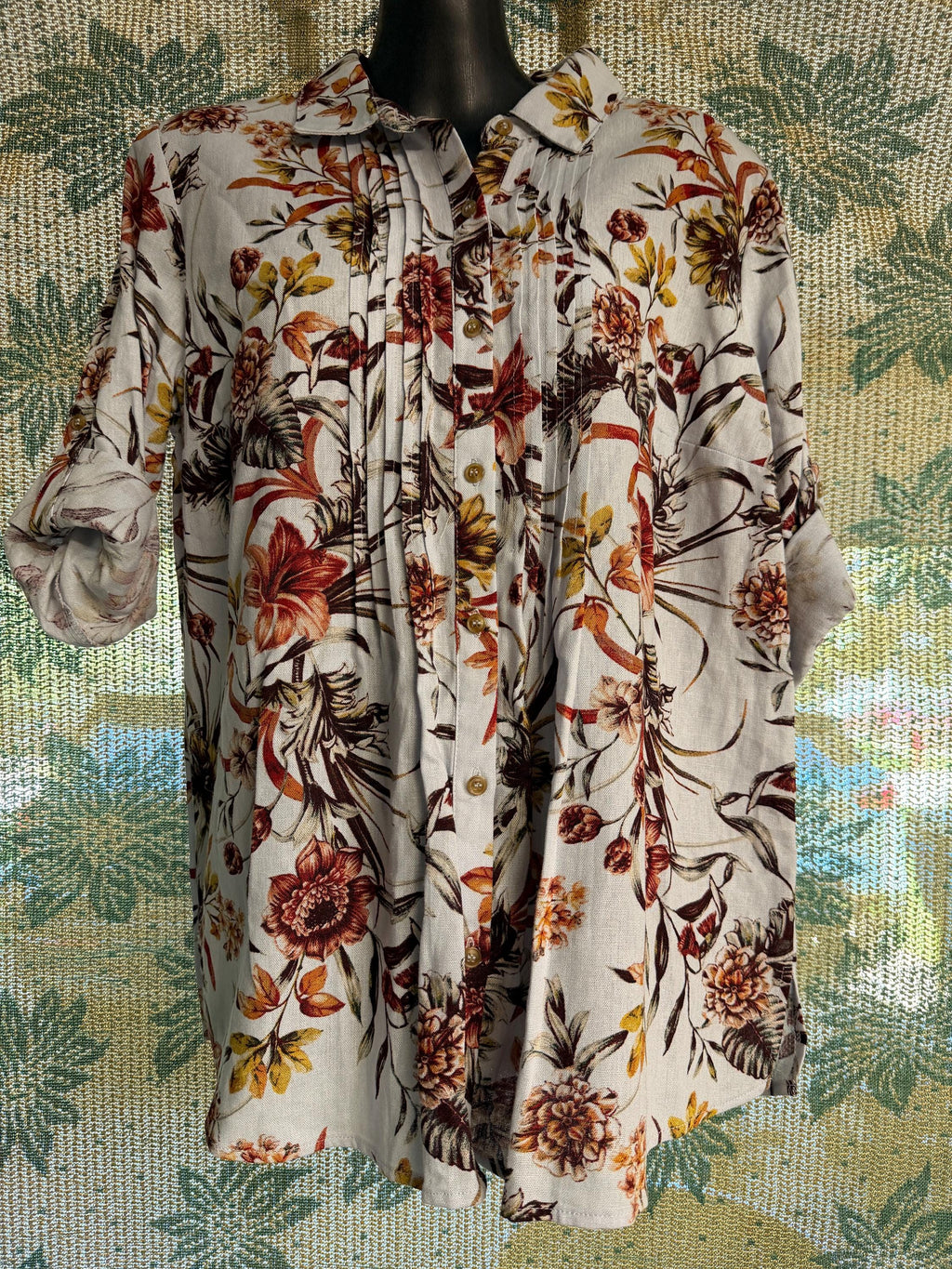 NWT Gloria Vanderbilt Floral Roll Tab Blouse