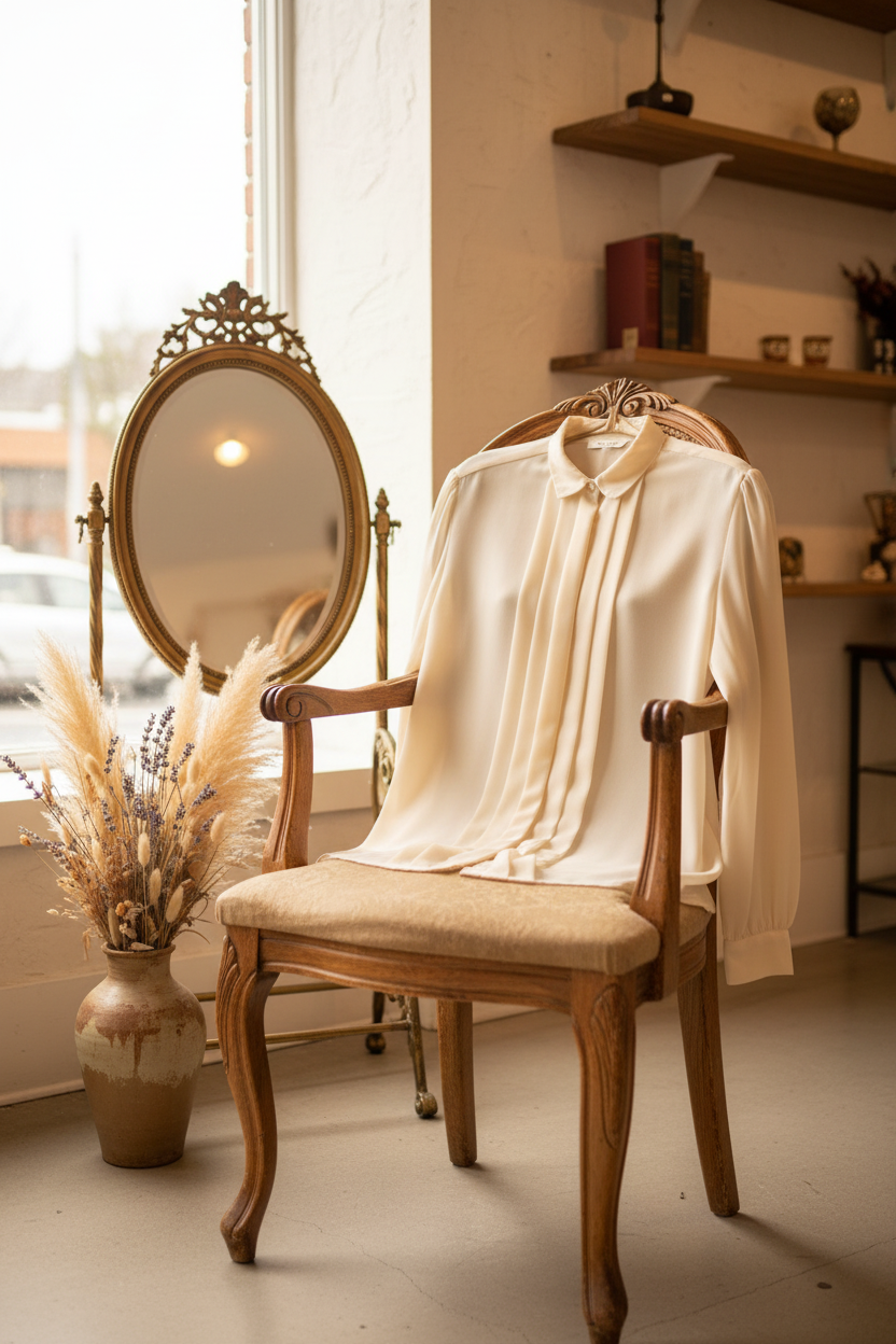 Impressions cream secretary blouse styled in a boutique setting