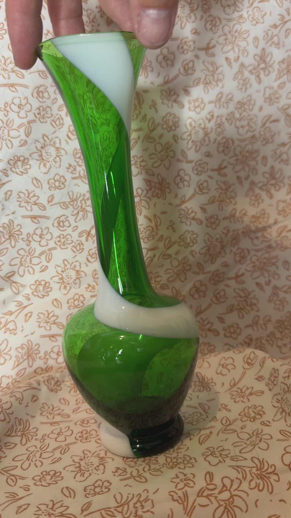 Vintage Green & White Cased Art Glass Swirl Vase