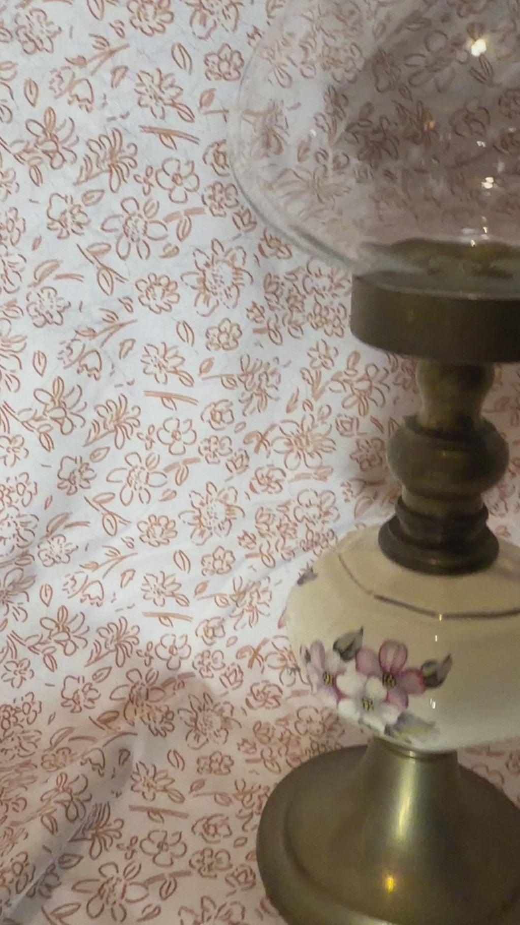 Vintage Brass Hurricane Candle Holder with Hand Painted Floral Porcelain Accent