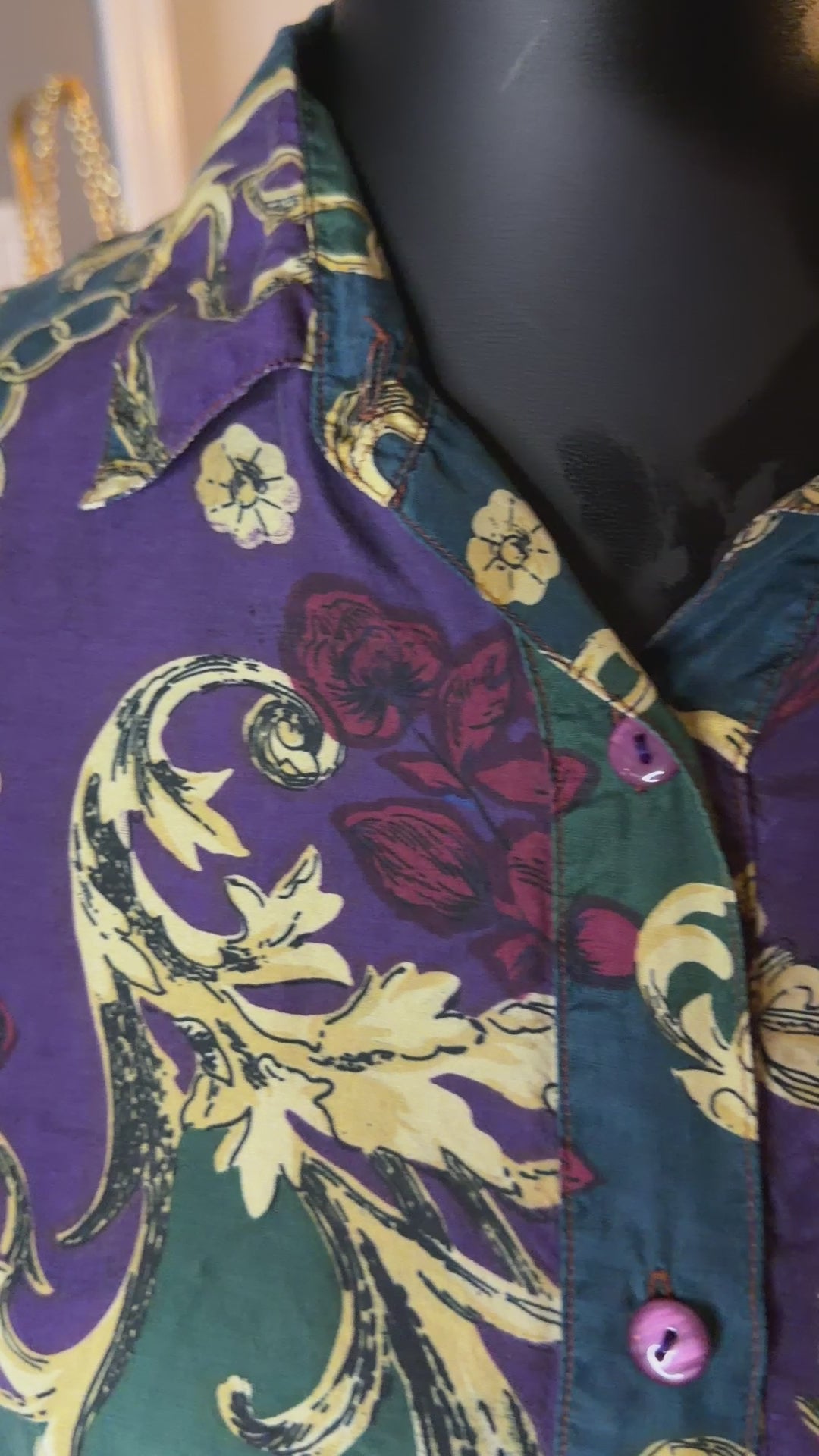 Vintage Maggie Lawrence Collection 100% Silk Floral Baroque Button Front Blouse Women's Large