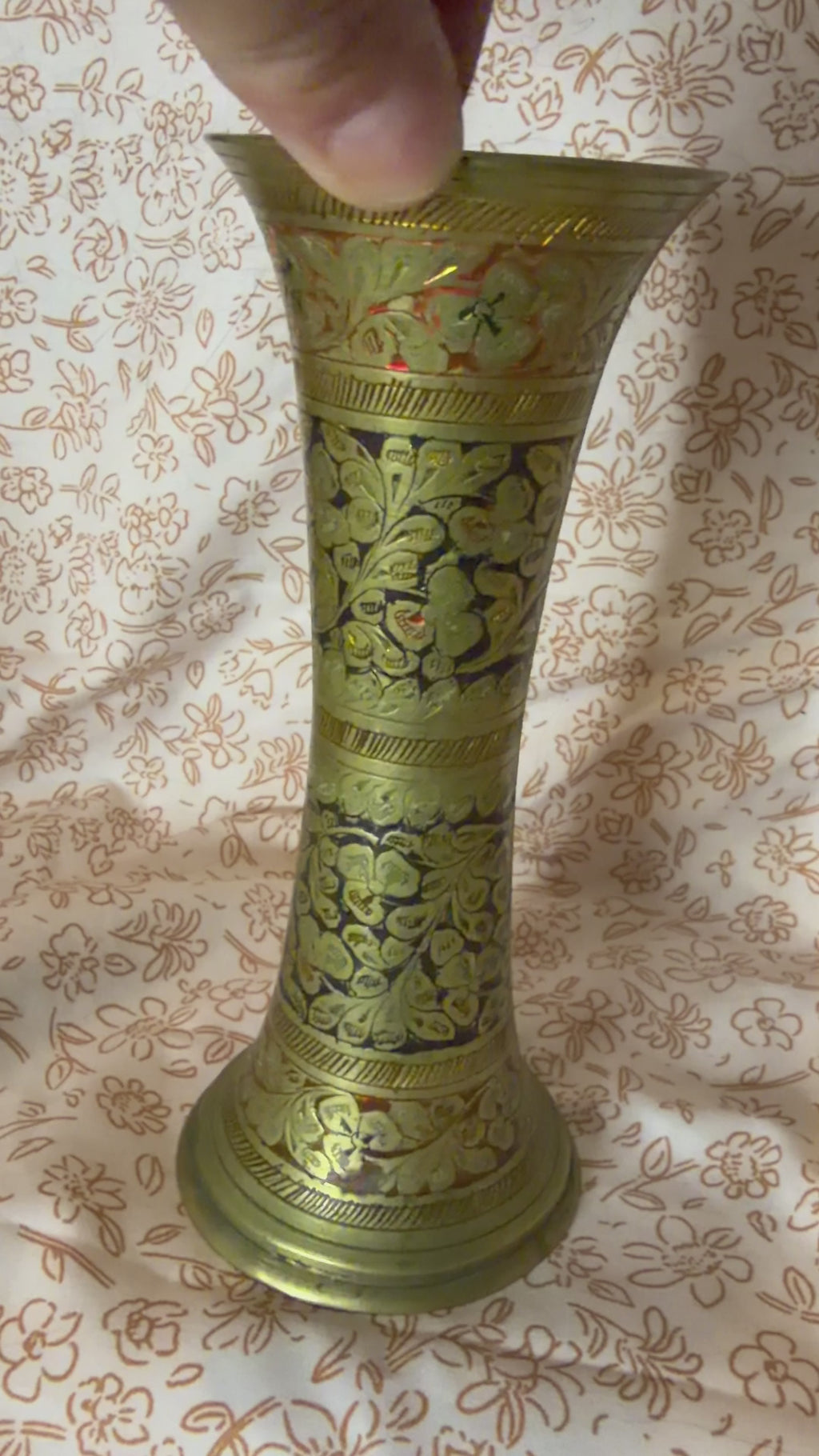 Vintage India Hand Engraved Brass Vase | Floral Etched Brass Vase | Made in India